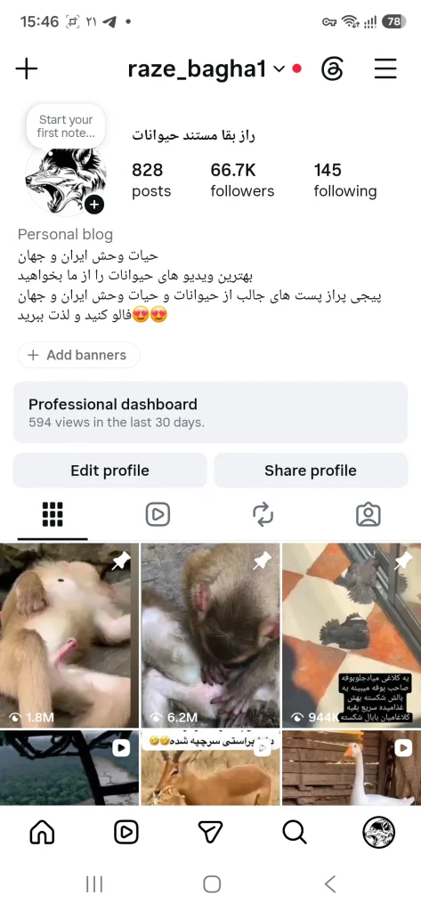 فروش پیج ۶۶ کا با ویو میلیونی با موضوع حیوانات